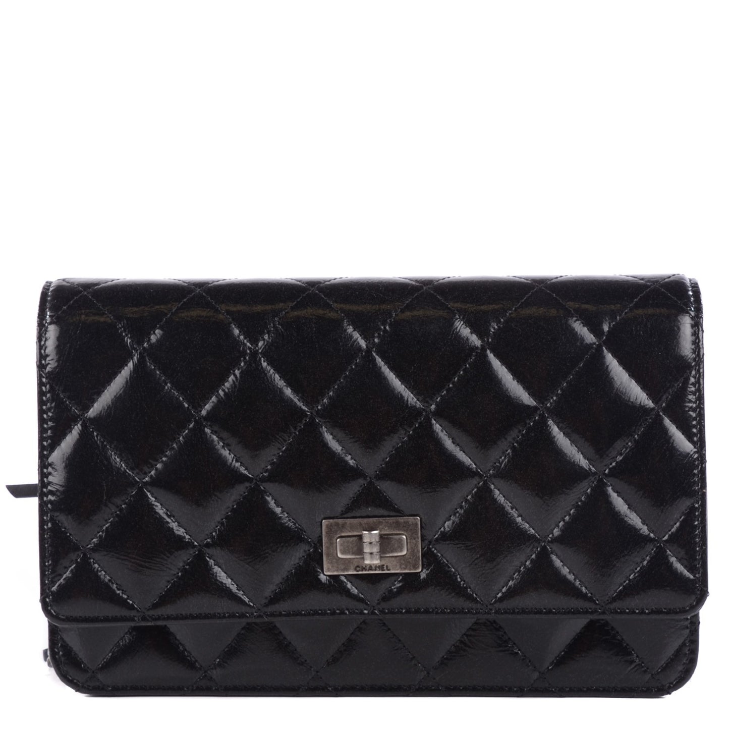 Distressed Patent Calfskin Quilted Reissue Wallet On Chain WOC Black
