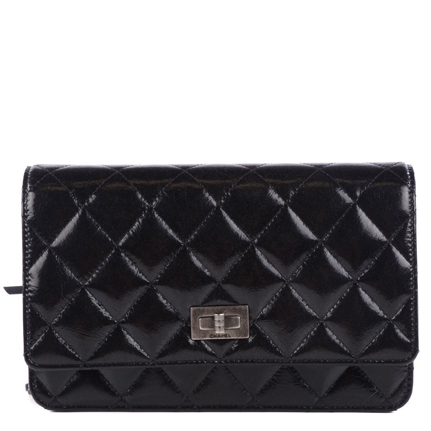 Chanel Distressed Patent Calfskin Quilted Reissue Wallet On Chain WOC Black 1 of 8