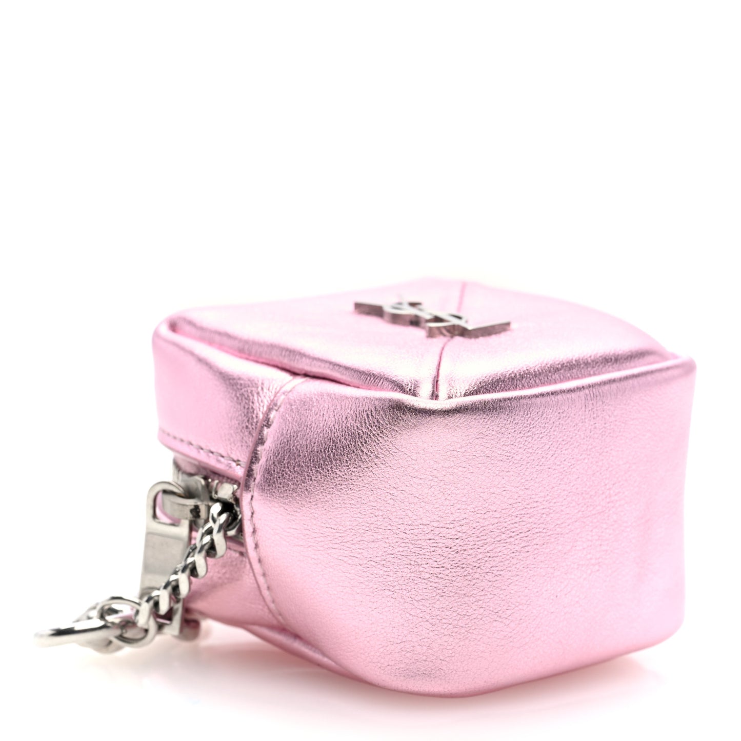 Crinkled Lame Calfskin Jaime Cube Charm Keychain Violet