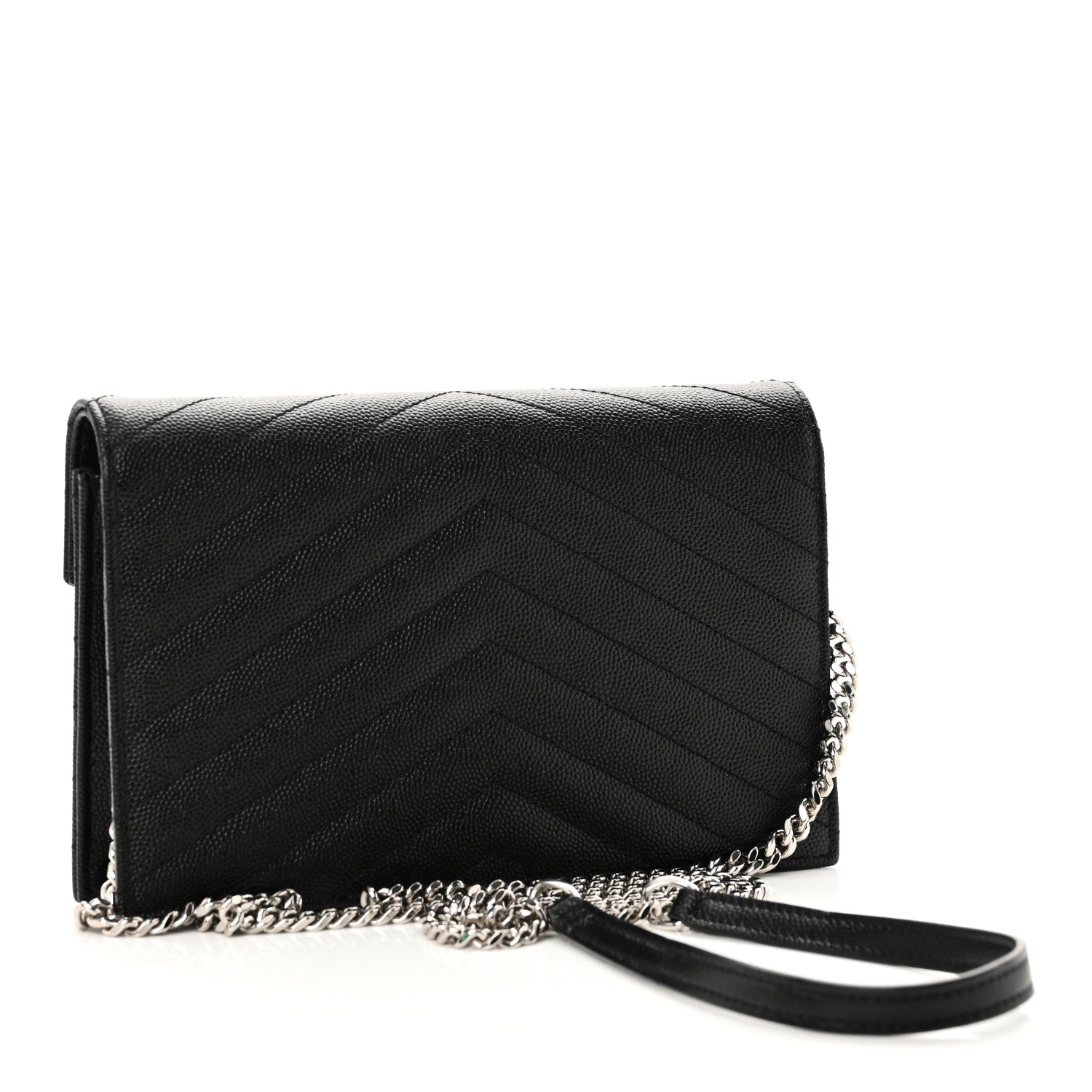 Saint Laurent Grain De Poudre Matelasse Chevron Monogram Envelope Chain Wallet Black 3 of 10