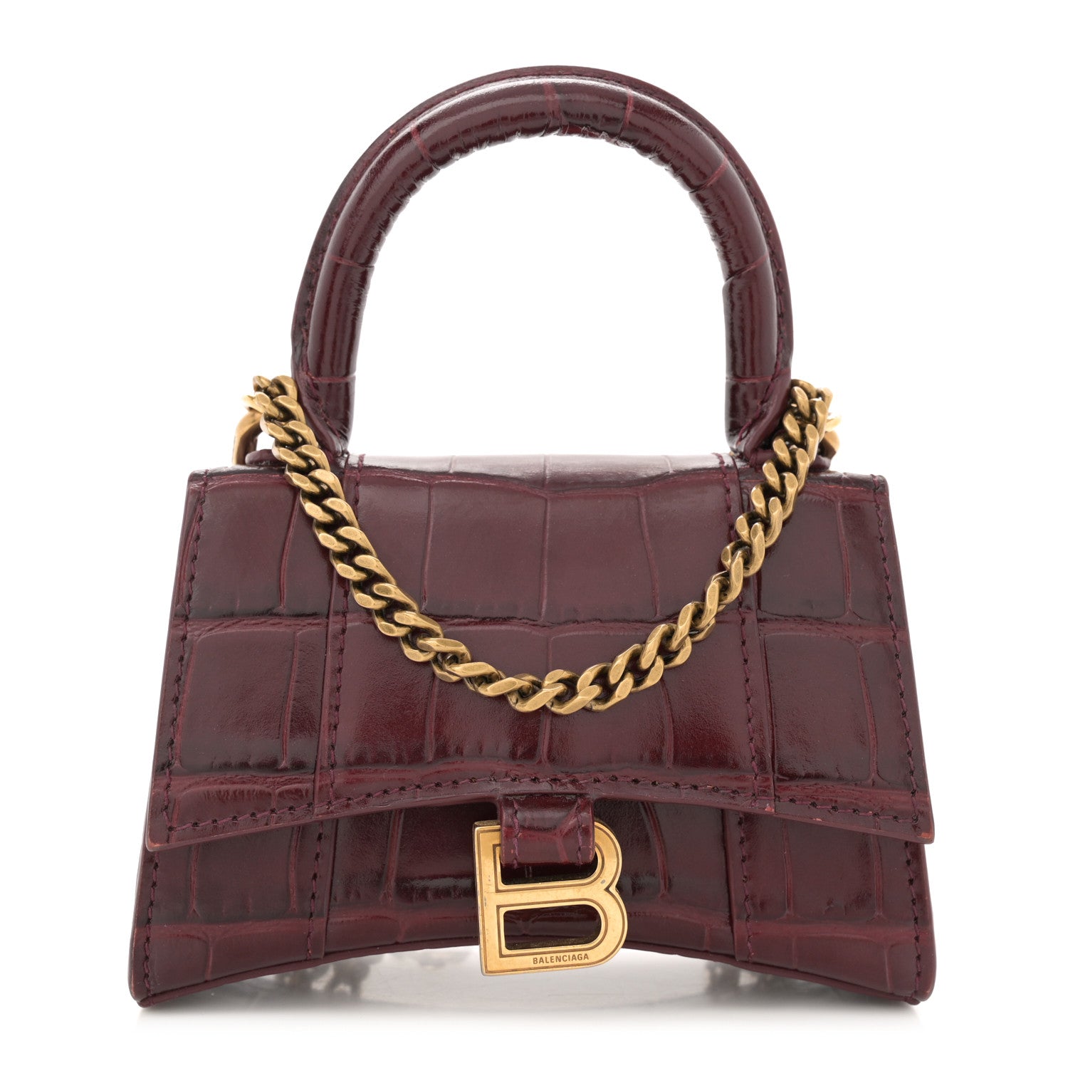 Balenciaga Shiny Calfskin Crocodile Embossed Hourglass Top Handle Bag Mini with Chain Dark Red 1 of 12