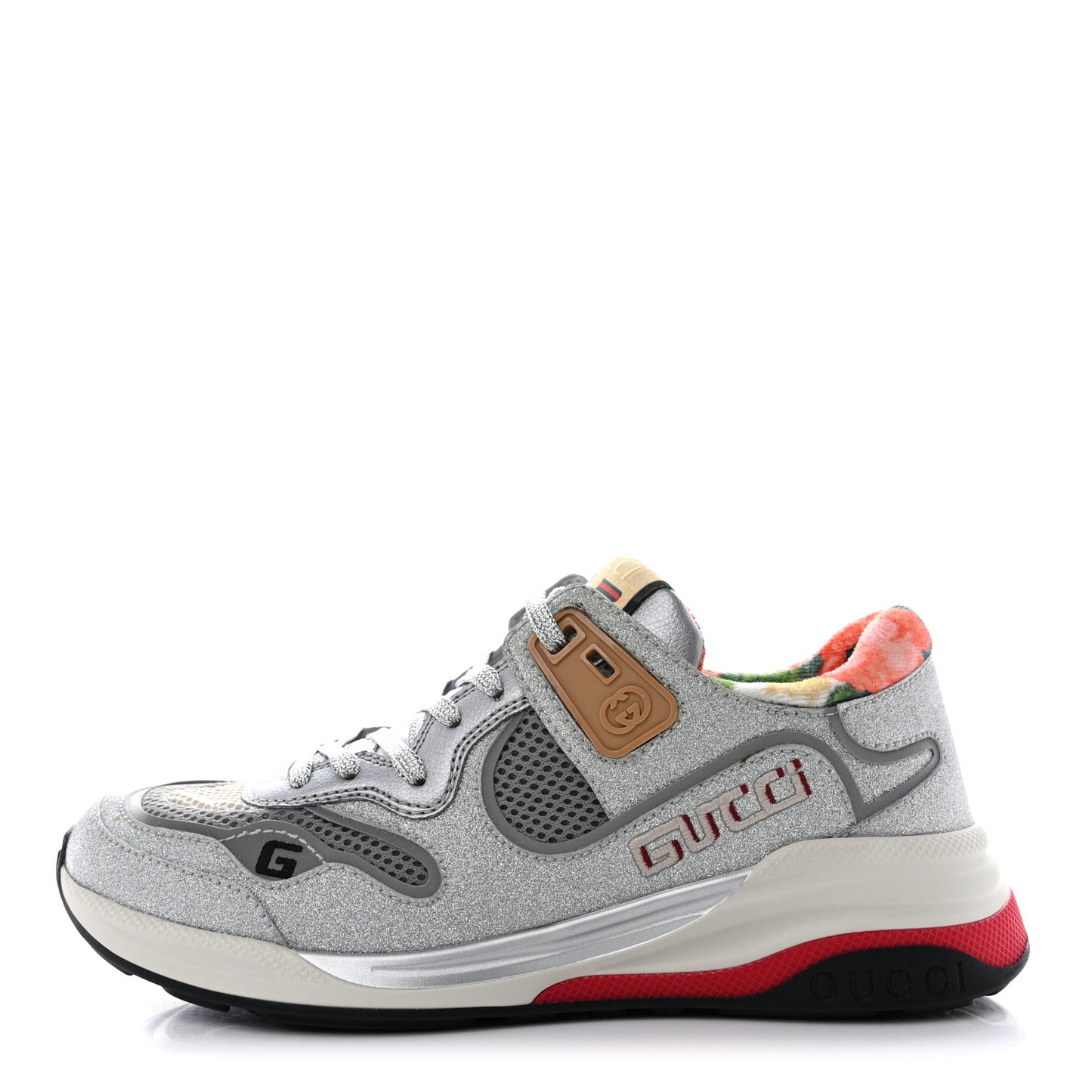 Metallic Calfskin Glitter Mesh Womens Ultrapace Sneakers 37 Silver Light Grey Mystic White