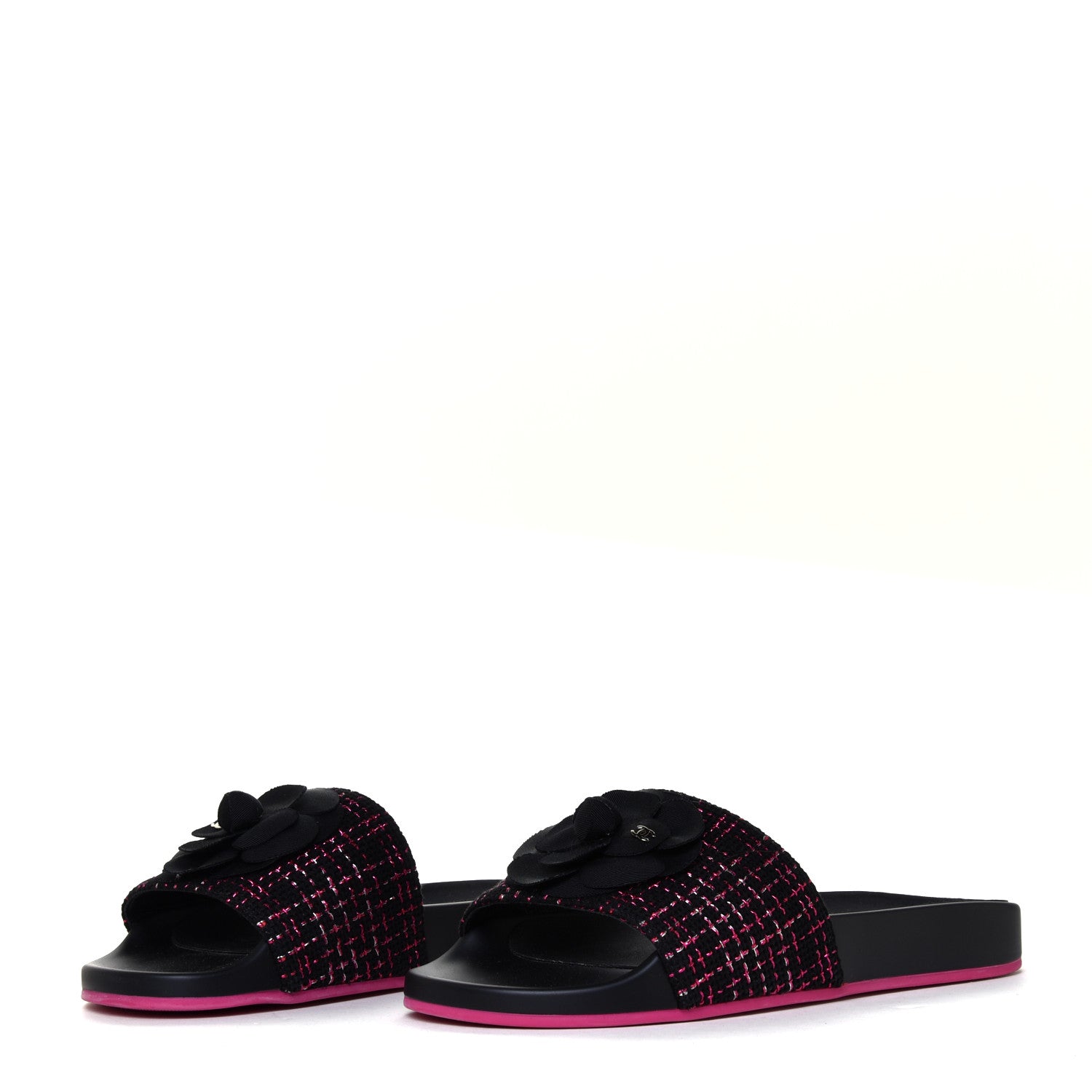 Chanel Tweed Grosgrain Camellia CC Flat Mules 40 Black Pink 3 of 12