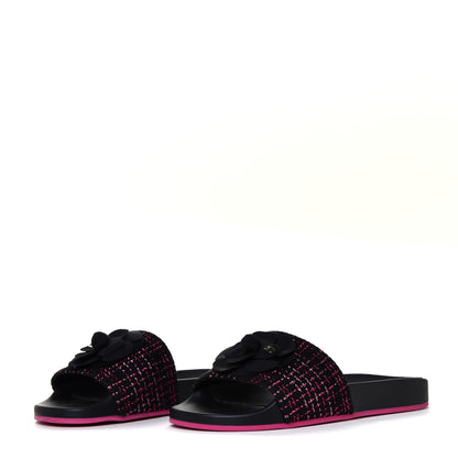 Chanel Tweed Grosgrain Camellia CC Flat Mules 40 Black Pink 3 of 12