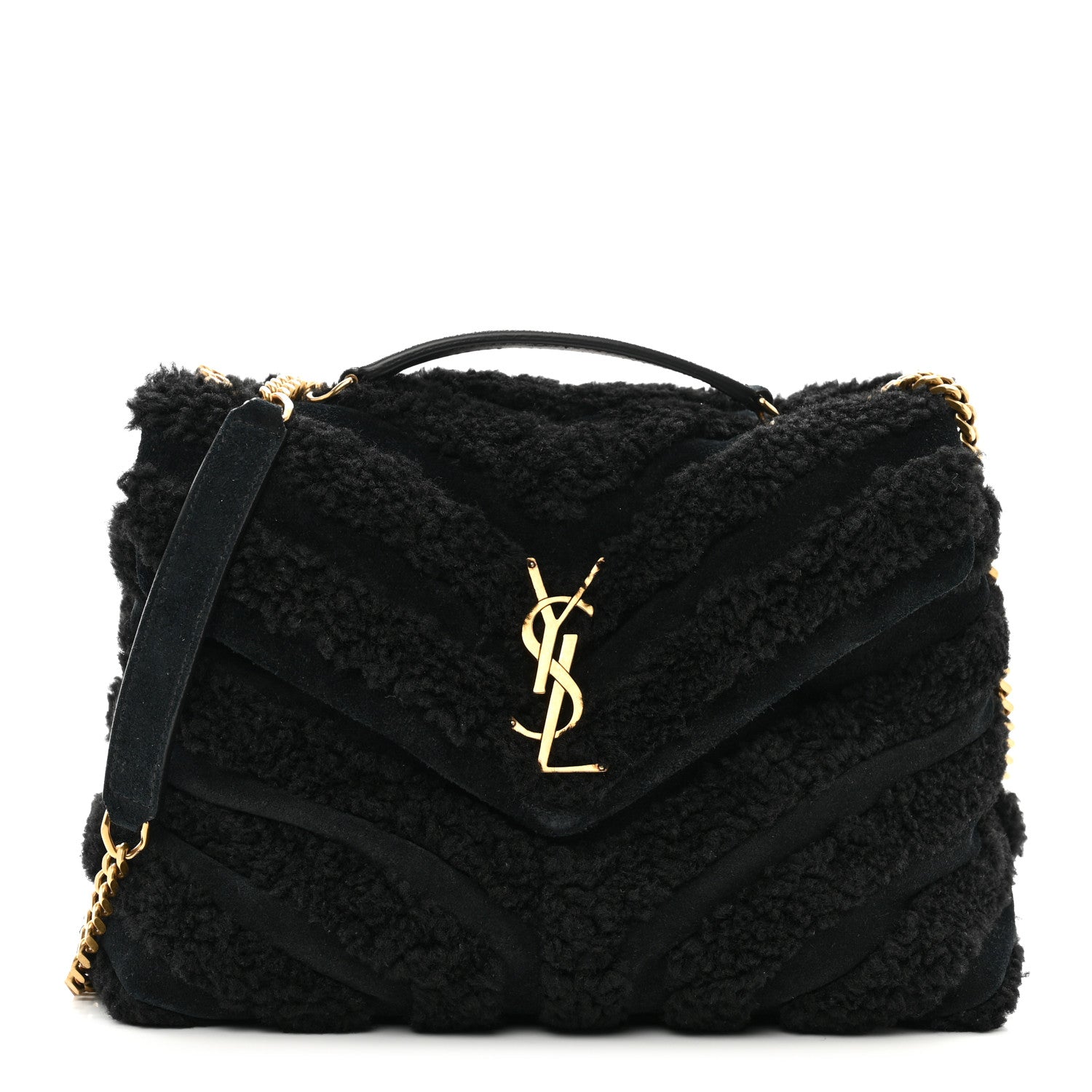 Saint Laurent Suede Shearling Y Quilted Monogram Small Loulou Chain Satchel Black 1 of 9