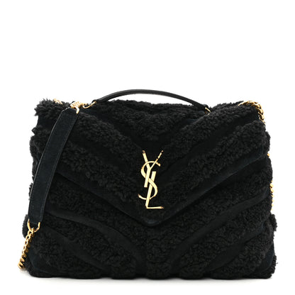 Saint Laurent Suede Shearling Y Quilted Monogram Small Loulou Chain Satchel Black 1 of 9