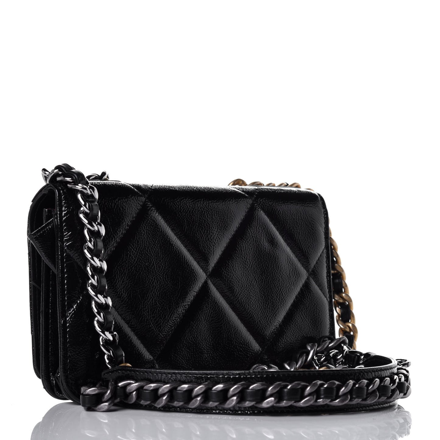 Shiny Crumpled Calfskin Quilted Chanel 19 Wallet On Chain WOC Black