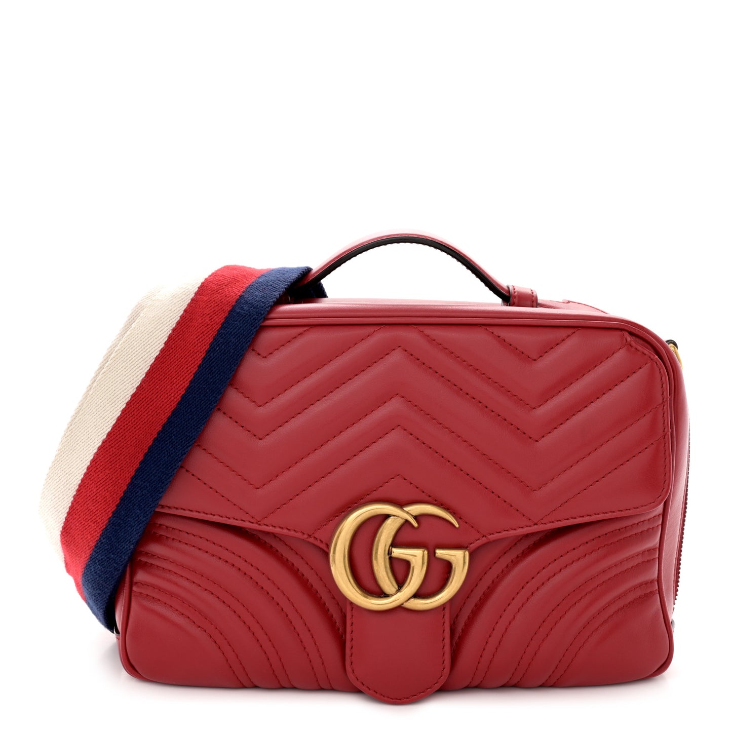 Calfskin Matelasse Sylvie Web Small GG Marmont Top Handle Shoulder Bag Hibiscus Red