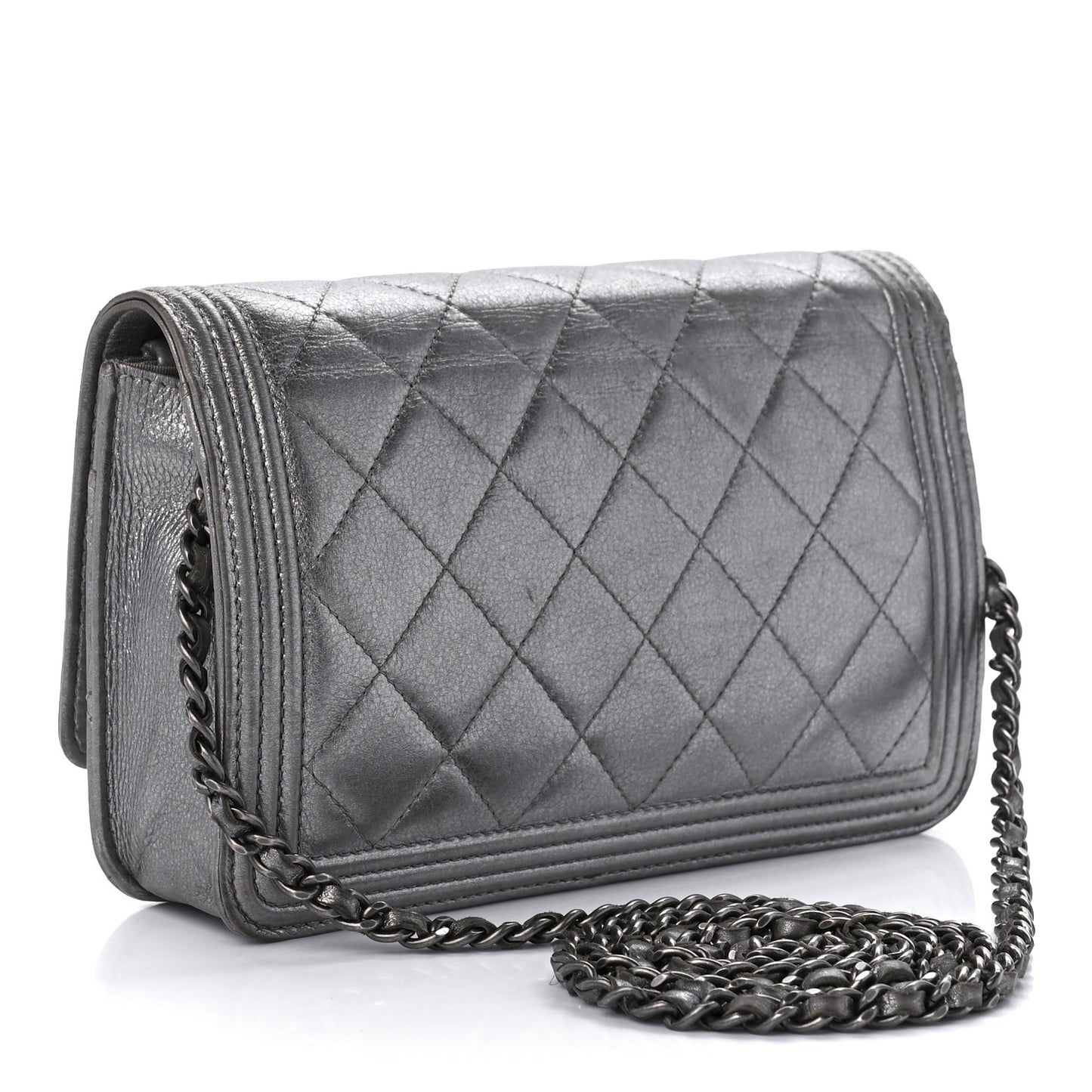 Metallic Calfskin Quilted Boy Wallet On Chain WOC Silver