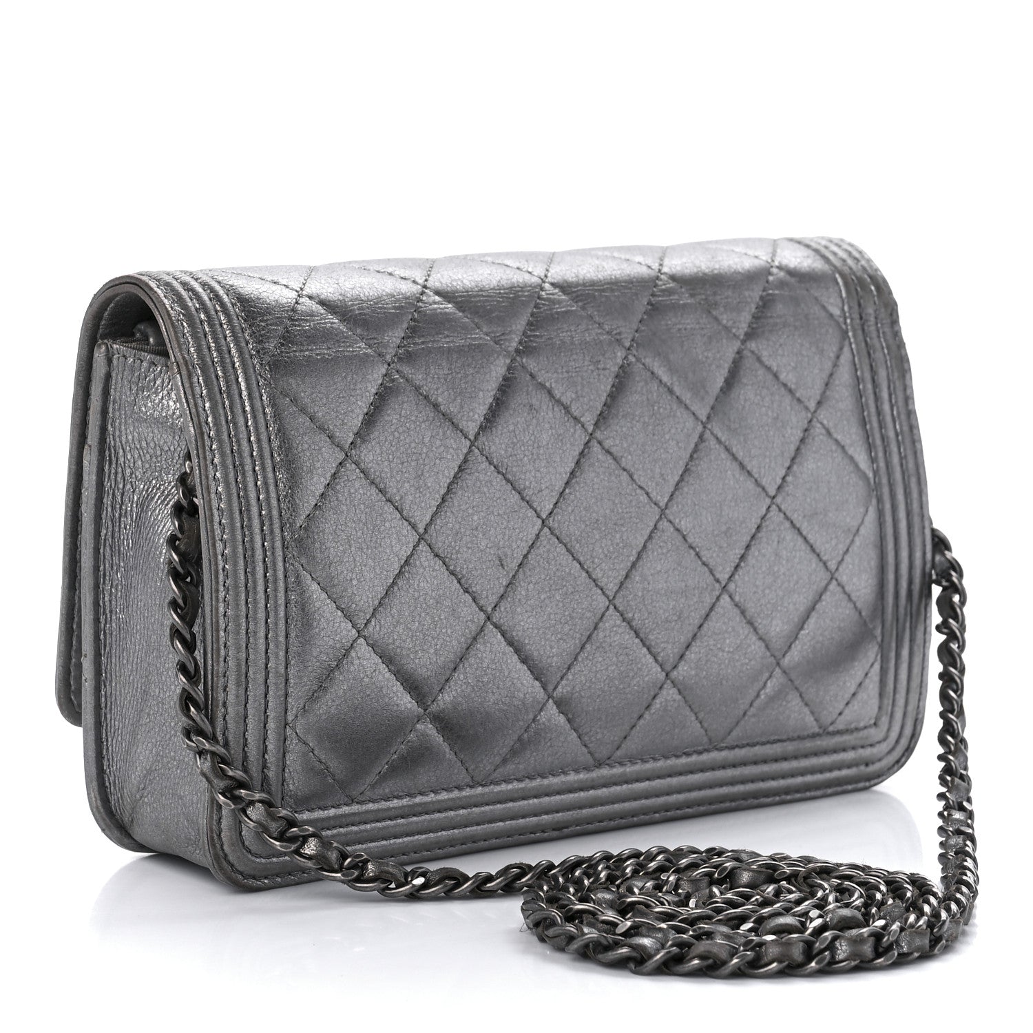 Chanel Metallic Calfskin Quilted Boy Wallet On Chain WOC Silver 2 of 8