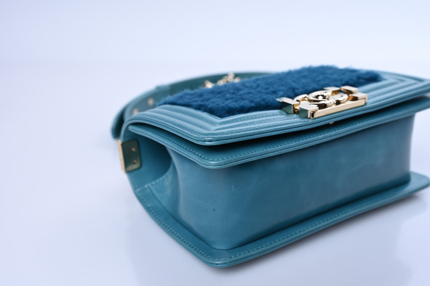 Shearling Calfskin Small Boy Flap Turquoise