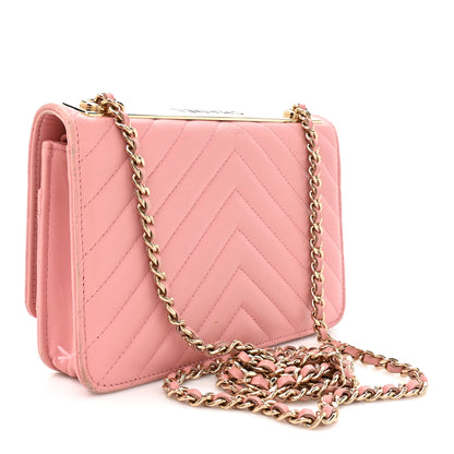 Chanel Lambskin Chevron Quilted Trendy CC Wallet On Chain WOC Pink 3 of 16