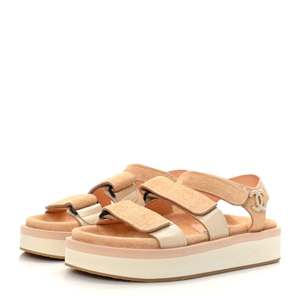 Chanel Suede Calfskin Velcro Flat Sandals 37 Beige 3 of 8