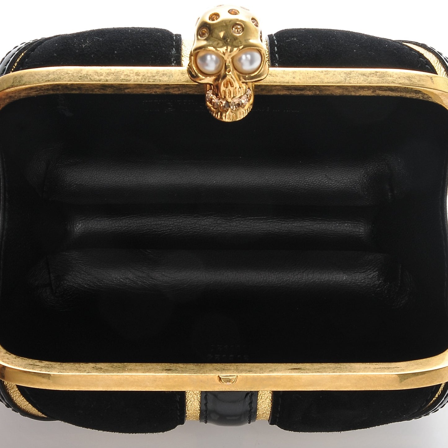 Patent Calfskin Suede Britannia Skull Box Clutch Black Gold