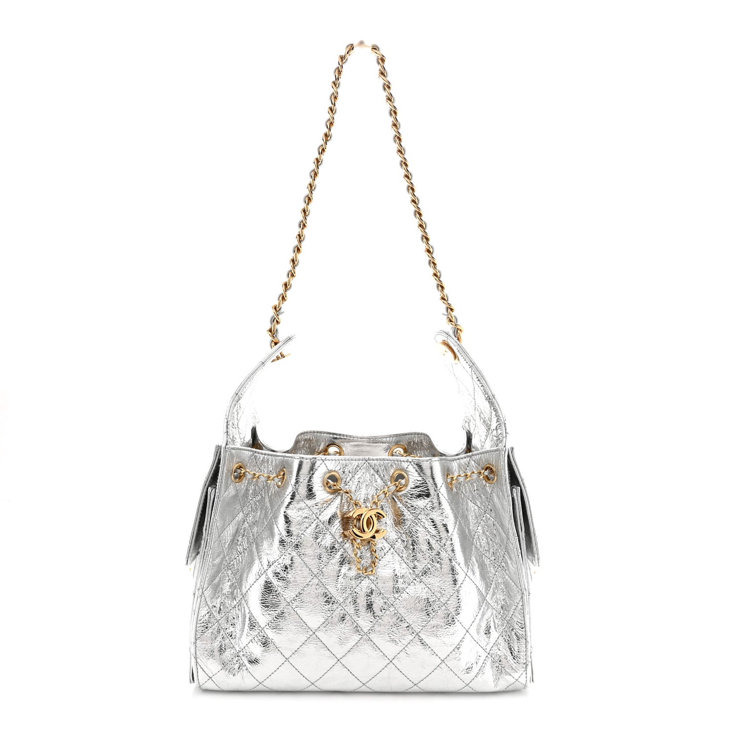 Metallic Crumpled Calfskin Quilted Small Chanel 25 Handbag Silvery