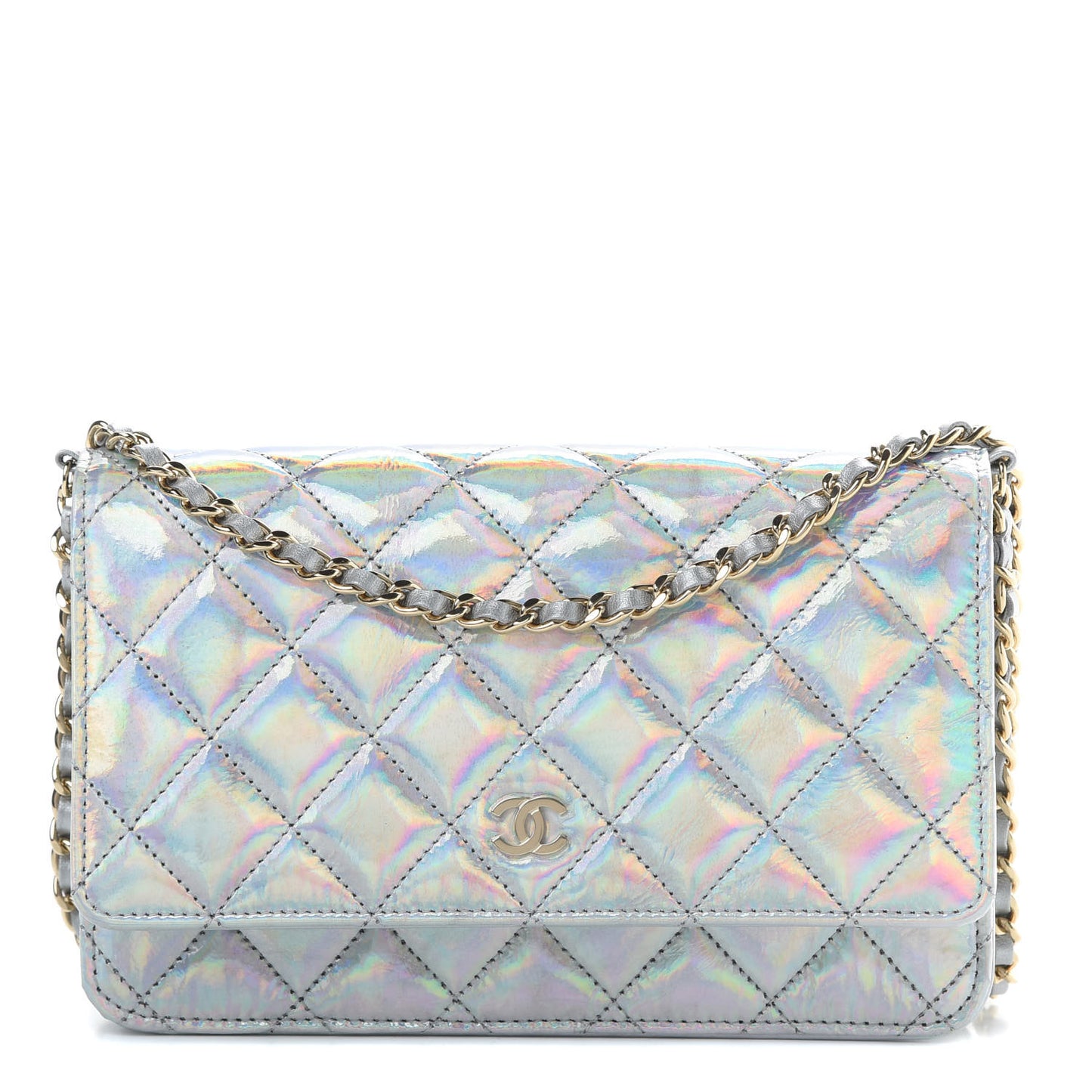 Iridescent Goatskin Quilted Wallet On Chain WOC Silver
