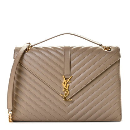 Saint Laurent Grain De Poudre Matelasse Chevron Large Monogram Satchel Dark Beige 1 of 12