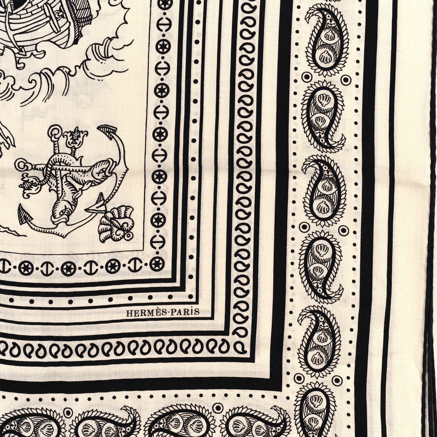 Hermes Cashmere Silk Tatouages Marins Bandana Shawl 140 White Black 2 of 3