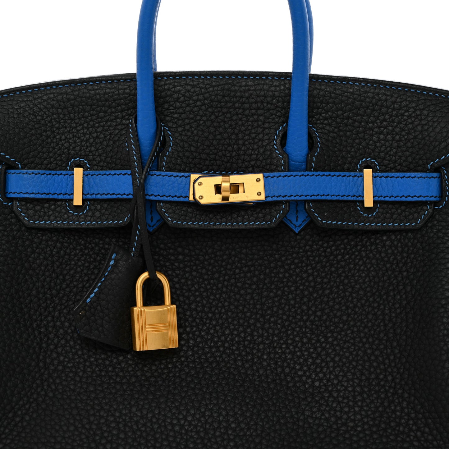 Taurillon Clemence Horseshoe Birkin 25 Black Bleu Hydra
