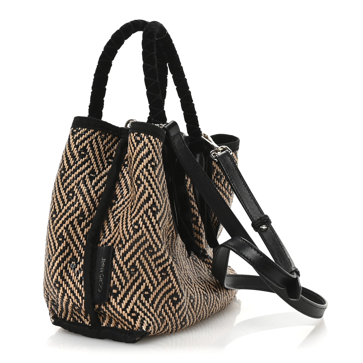Raffia Woven Velvet Marianne Shopper Tote Black Natural