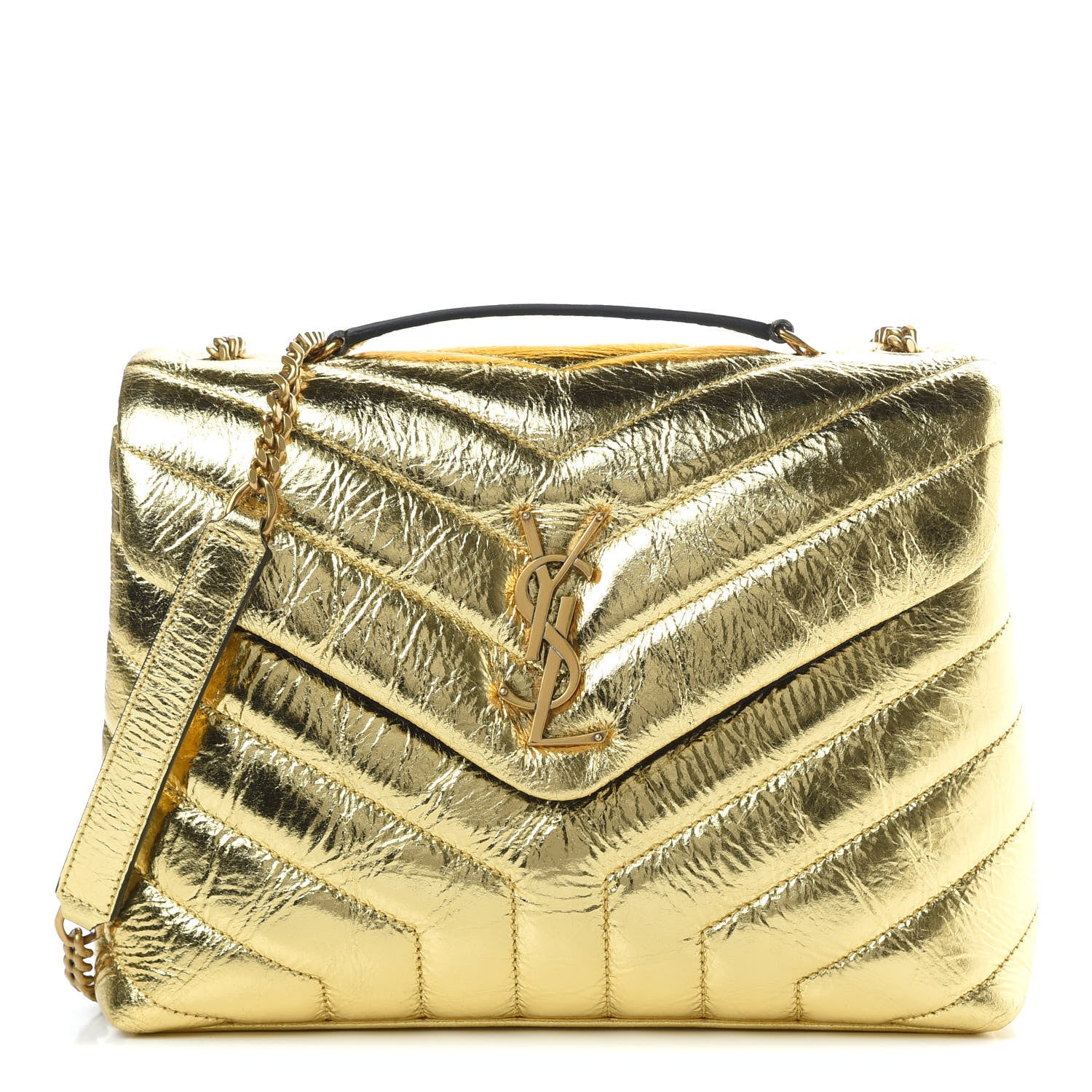 Saint Laurent Metallic Calfskin Y Quilted Small Loulou Monogram Chain Satchel Gold 1 of 11