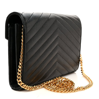 Saint Laurent Grain De Poudre Matelasse Chevron Monogram Chain Wallet Black 3 of 9