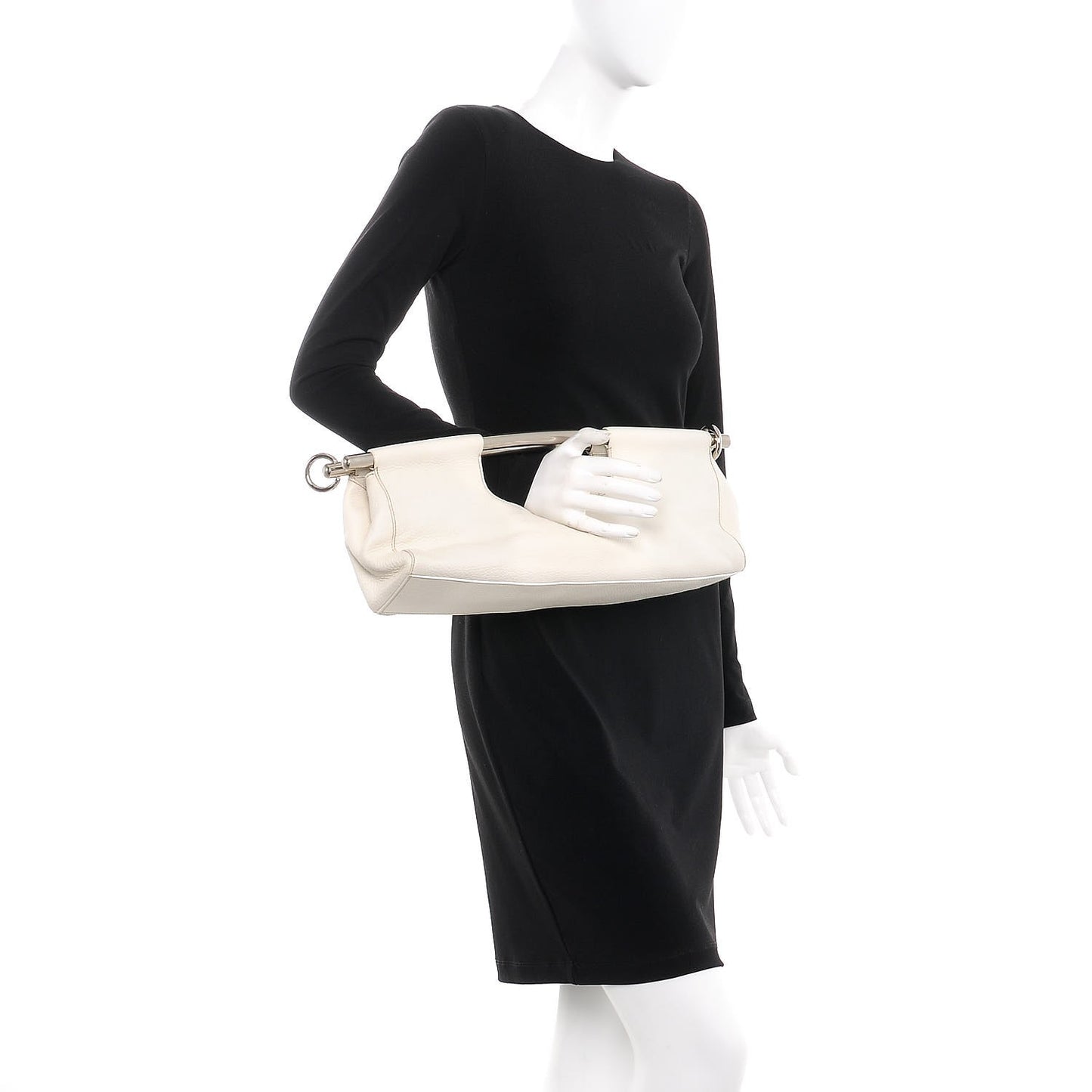 Vitello Daino Metal Bar Handle Clutch Bag White