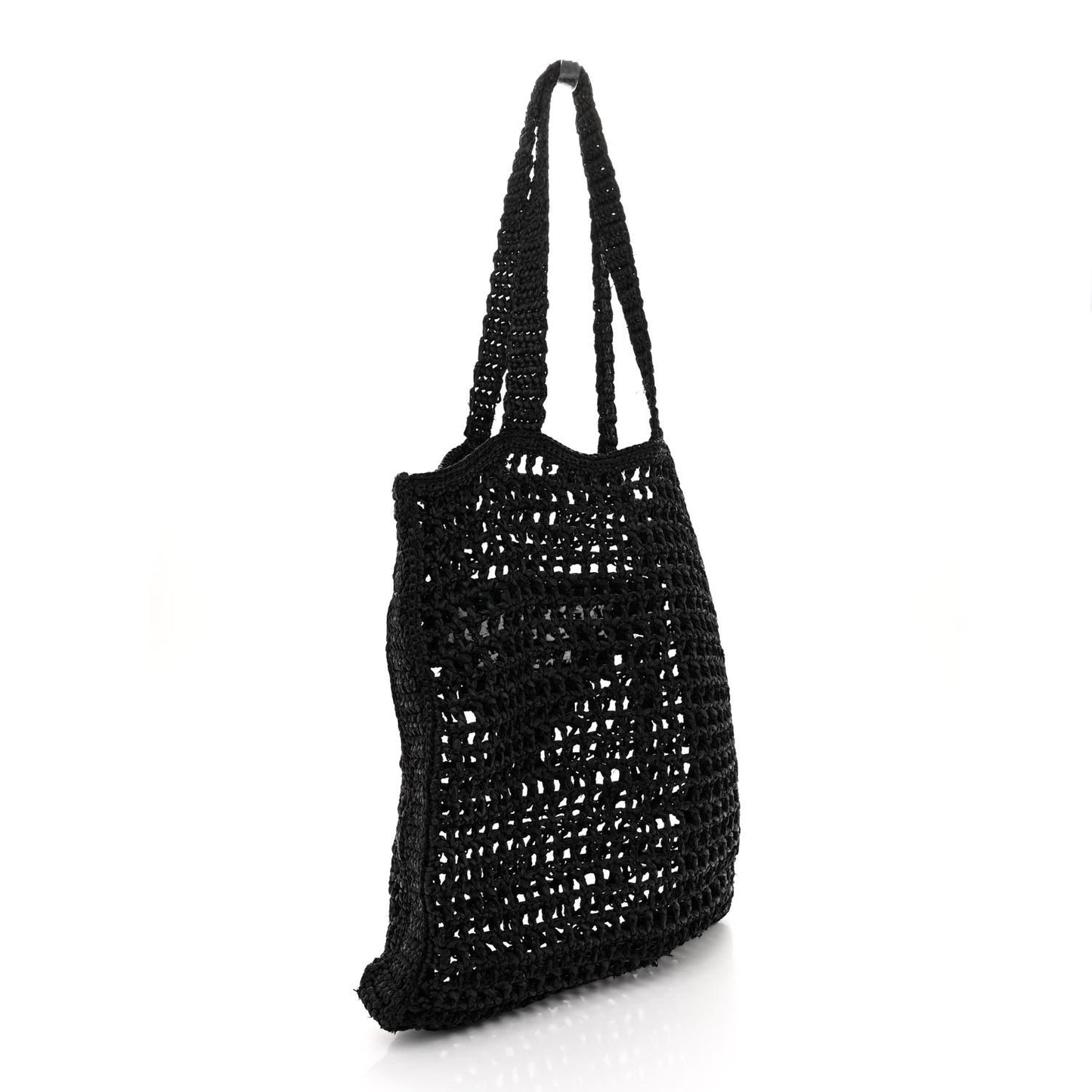 Yarn Raffia Effect Crochet Logo Embroidered Tote Bag Black