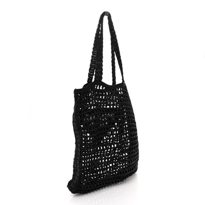 Prada Yarn Raffia Effect Crochet Logo Embroidered Tote Bag Black 3 of 9