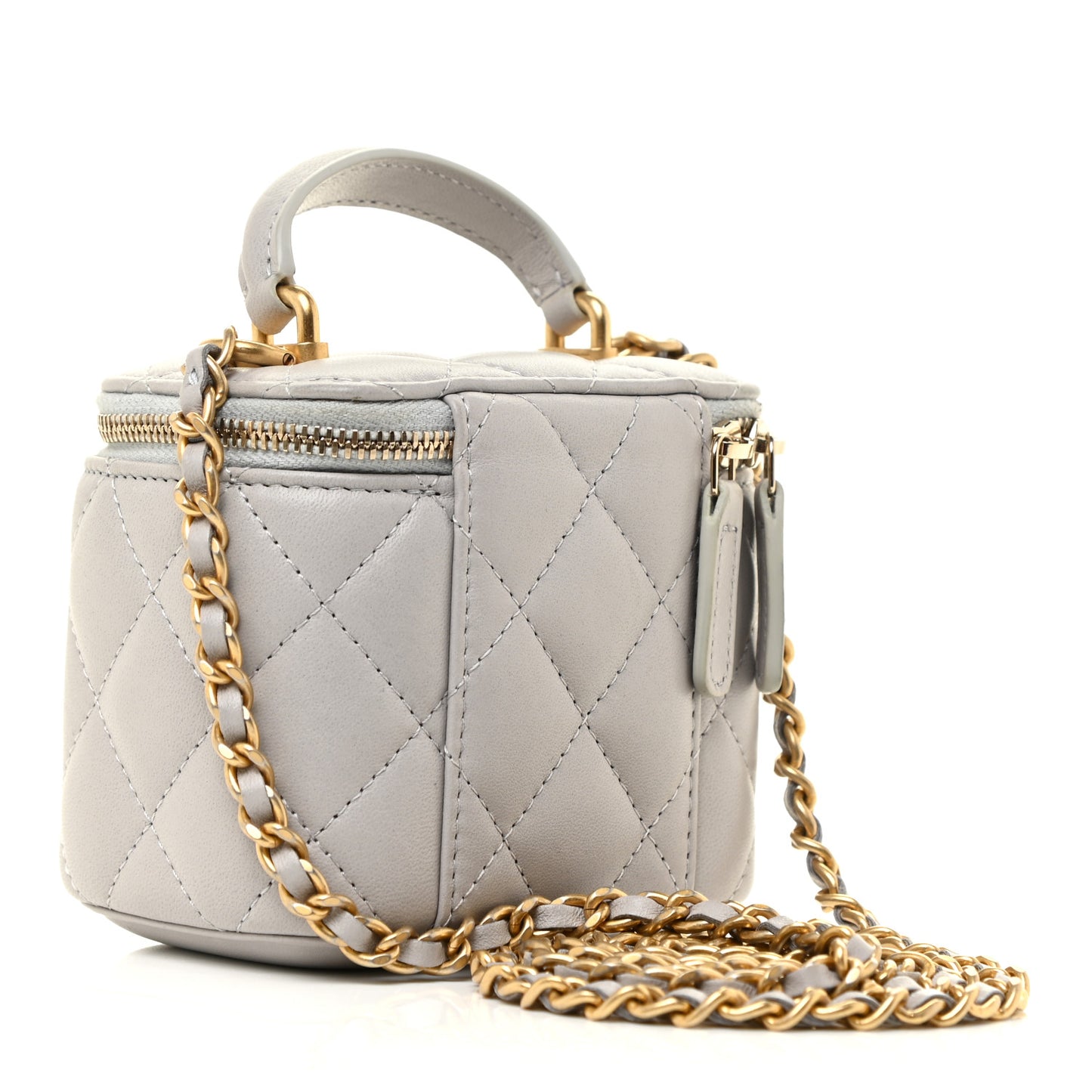 Lambskin Quilted Top Handle Mini Vanity Case With Chain Grey