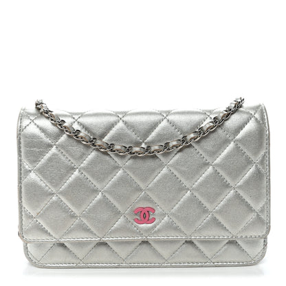 Chanel Metallic Lambskin Quilted Wallet On Chain WOC Silver 1 of 12