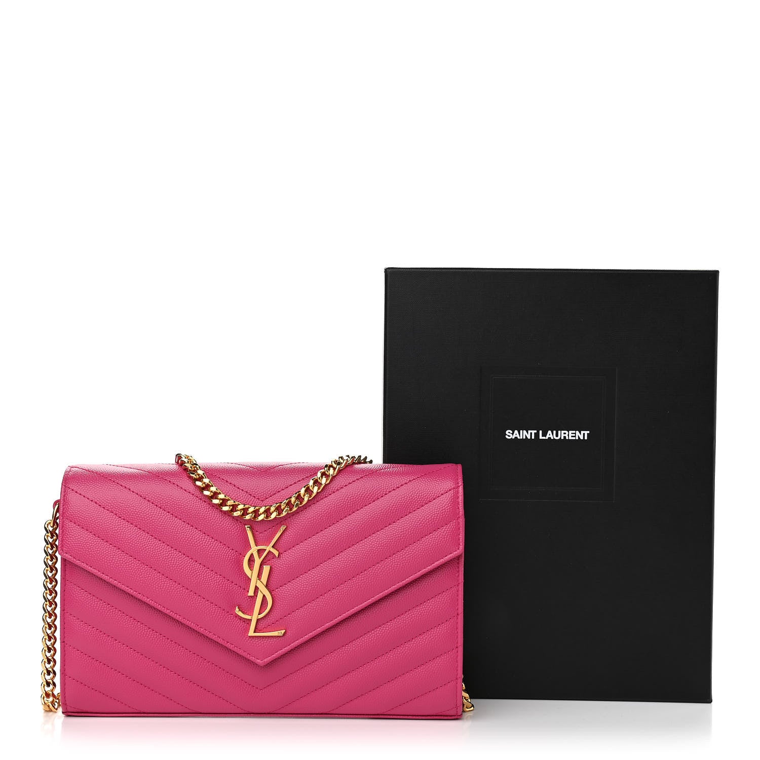 Saint Laurent Grain De Poudre Matelasse Chevron Monogram Chain Wallet Bubblegum 10 of 10