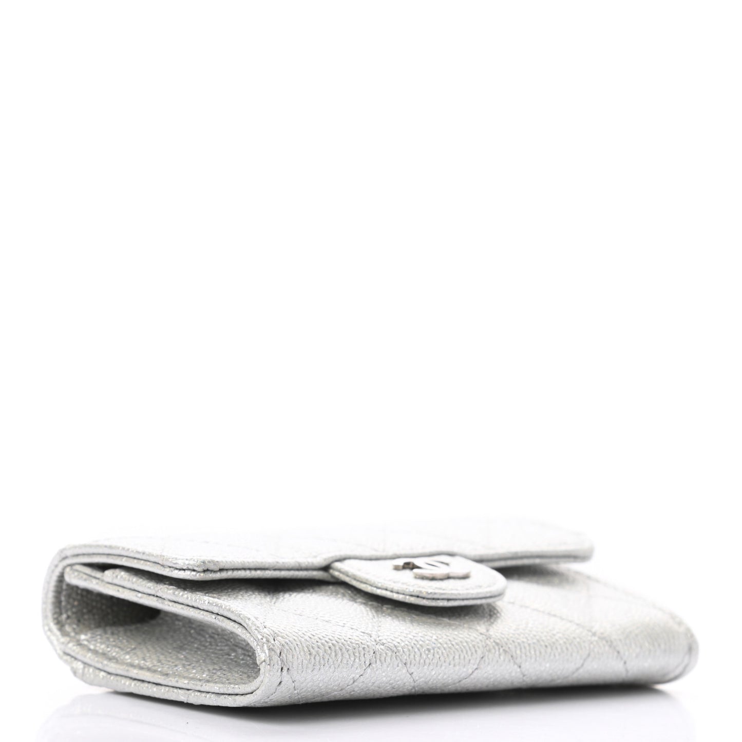 Glittered Metallic Caviar Quilted Flap Card Holder Wallet Silver