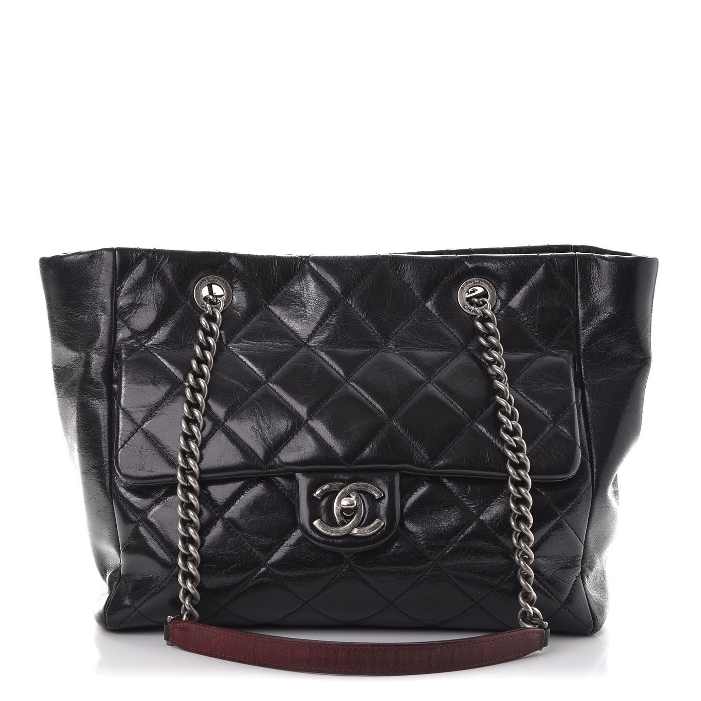 Glazed Calfskin Quilted Small Duo Color Tote Black