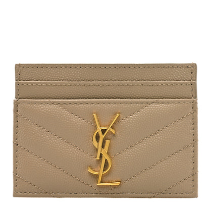 Saint Laurent Grain De Poudre Matelasse Chevron Monogram Credit Card Case Dark Beige 1 of 8