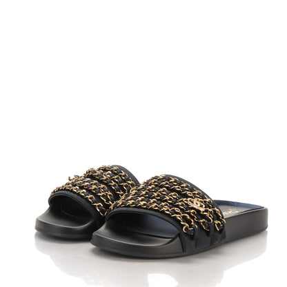 Chanel Lambskin Canvas Chain Flat Sandals 37 Marine 3 of 7