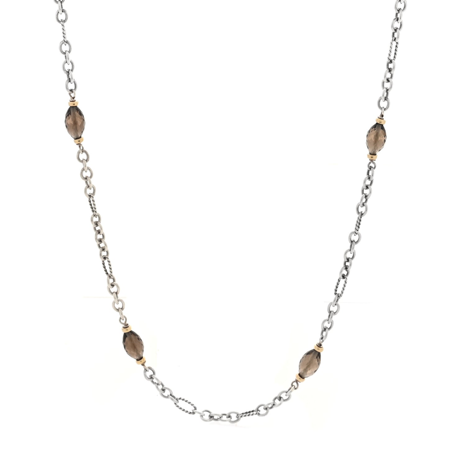 Sterling Silver 18K Yellow Gold Smoky Quartz Figaro Station Link Necklace