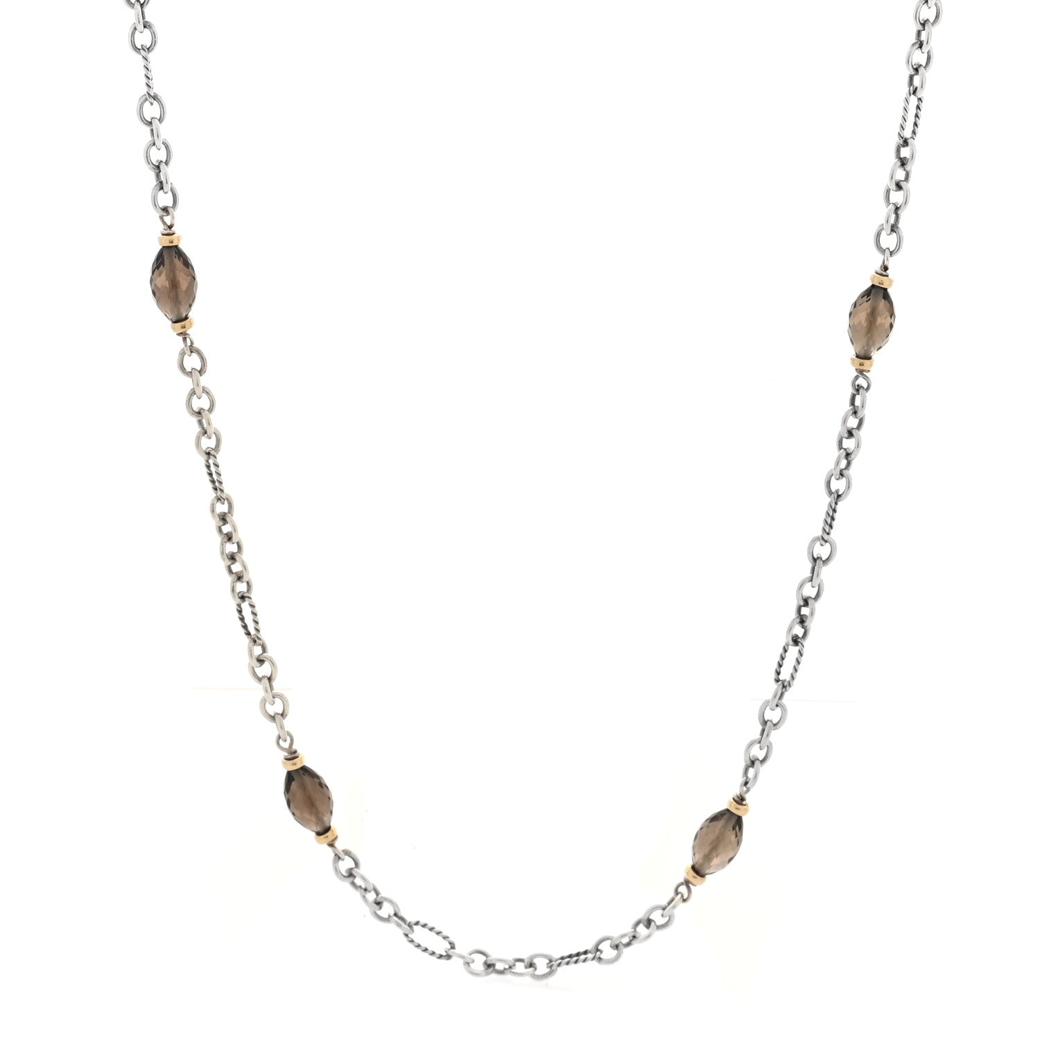 David Yurman Sterling Silver 18K Yellow Gold Smoky Quartz Figaro Station Link Necklace 1 of 4