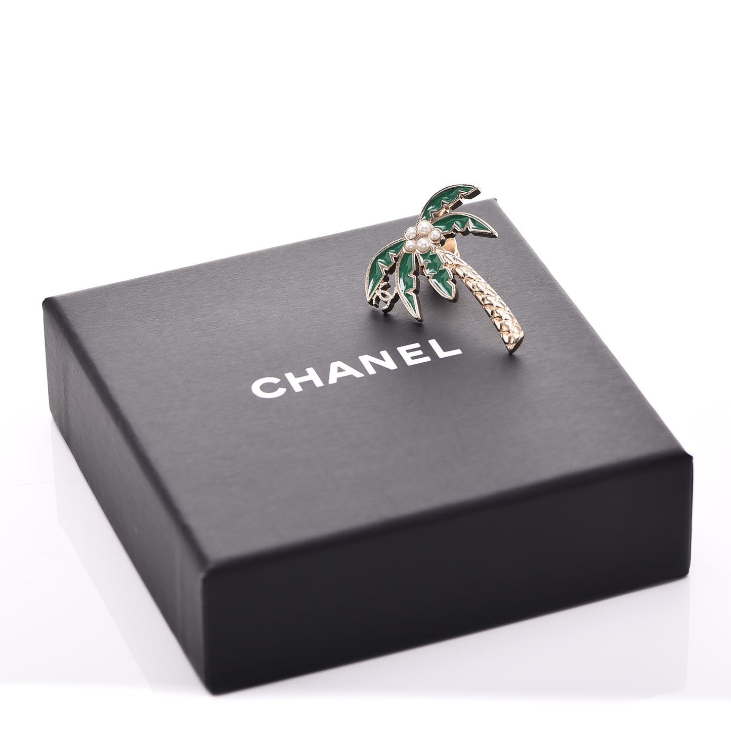 Enamel Pearl Palm Tree Brooch Green Gold