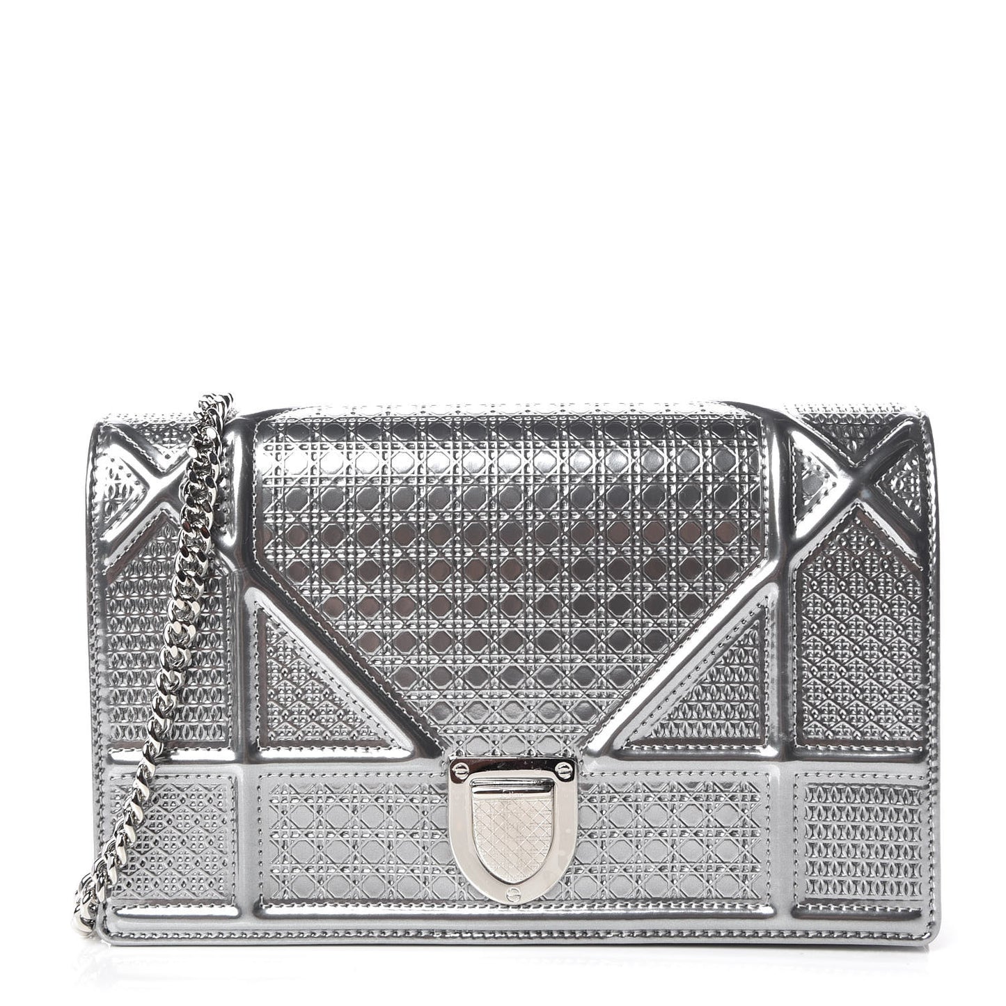 Metallic Patent Micro-Cannage Diorama Wallet on Chain Pouch Silver