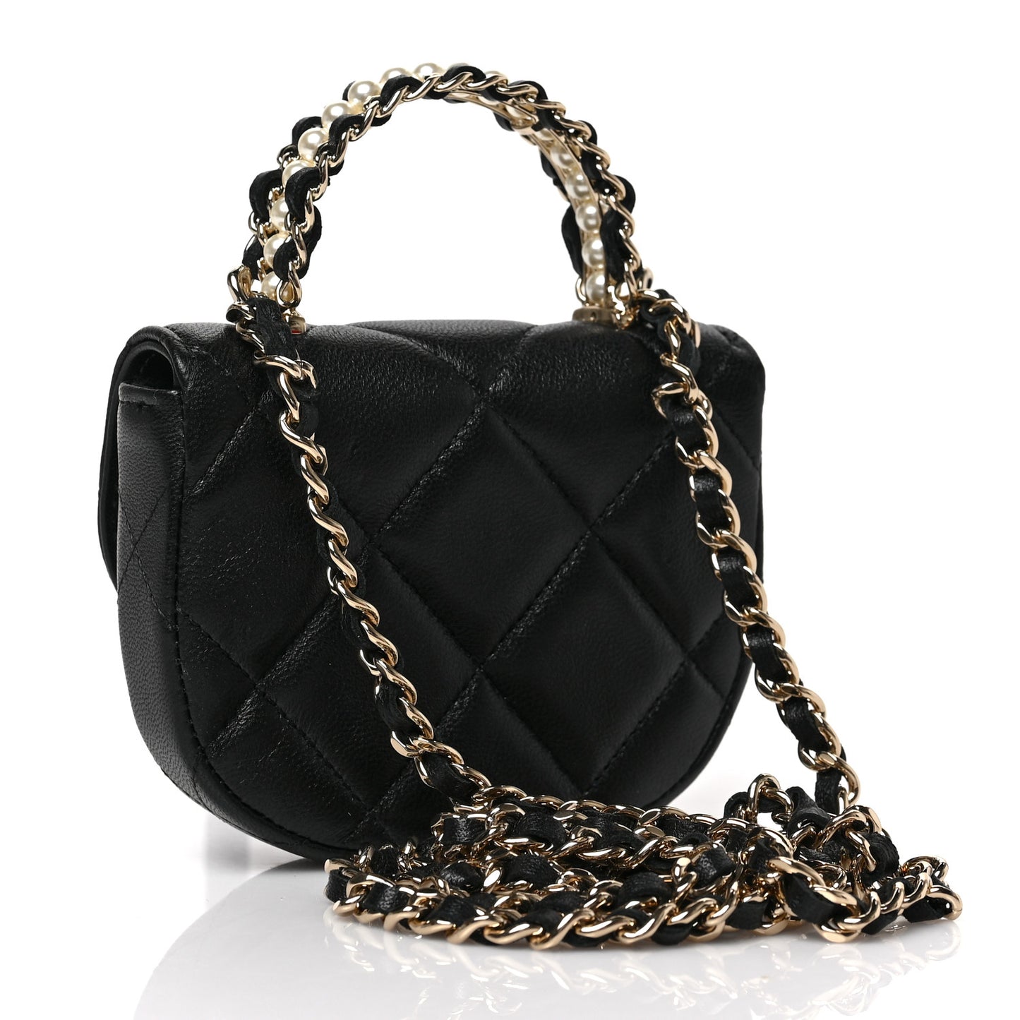 Lambskin Quilted Pearl Top Handle Clutch With Chain Black