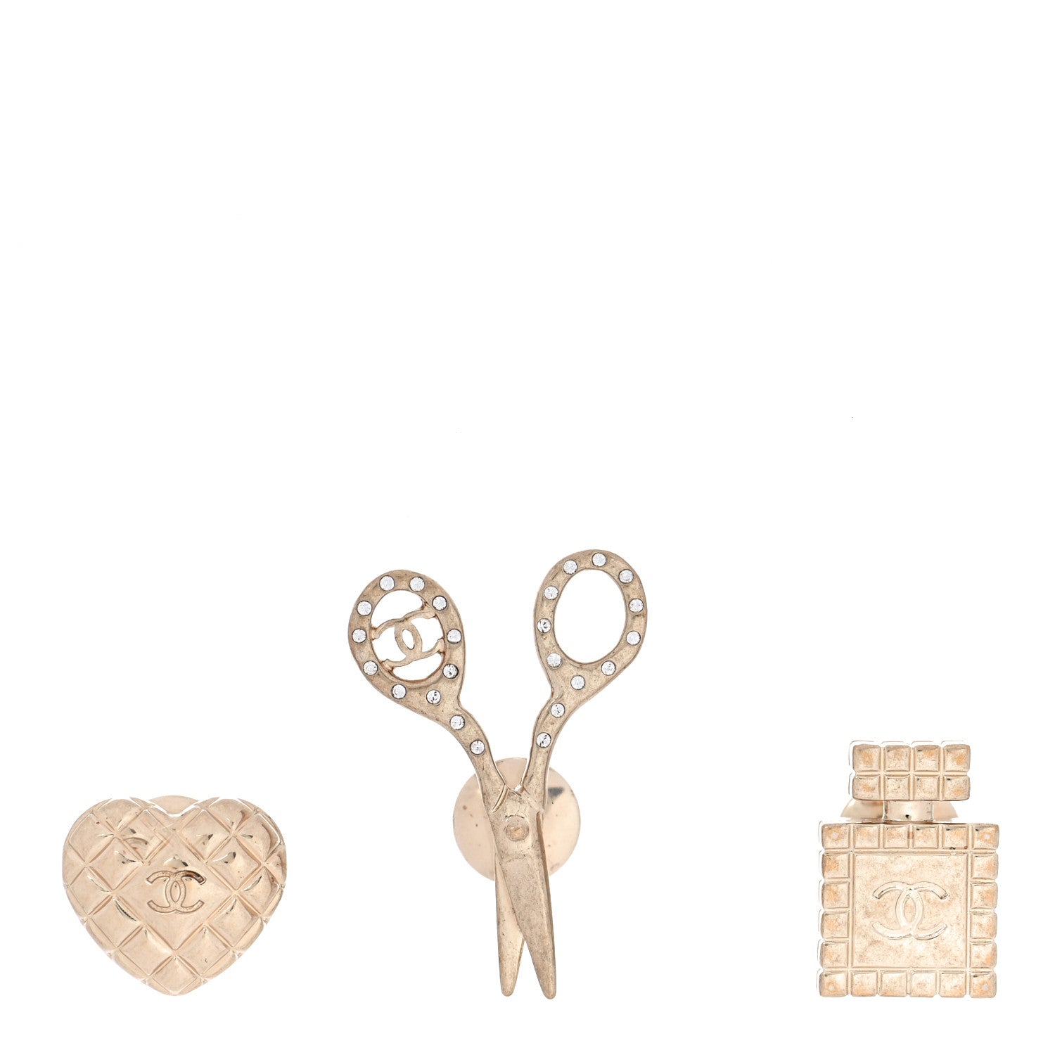 Chanel Metal Strass Crystal Quilted CC Heart Scissors Perfume Brooch Set Gold 1 of 5