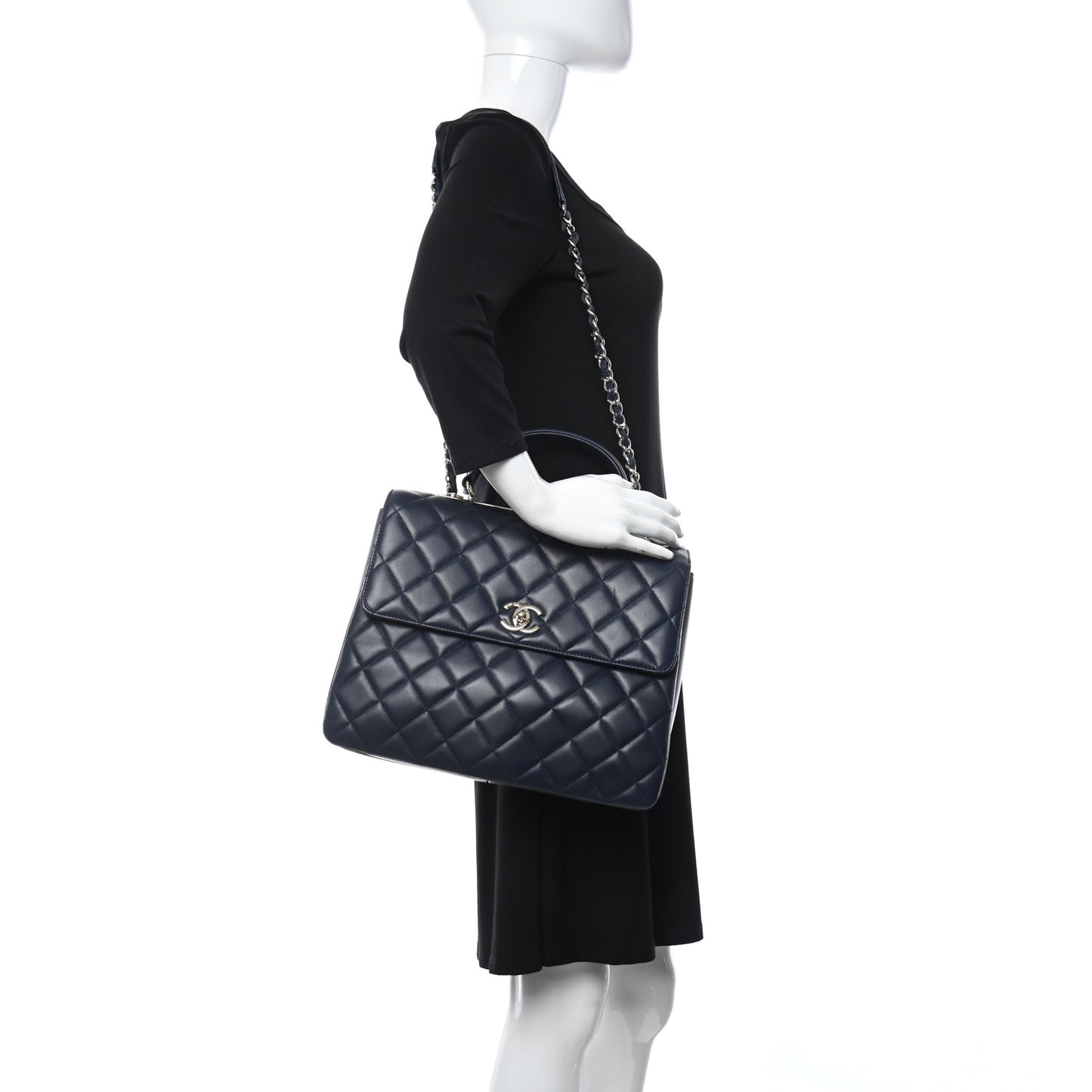 Lambskin Quilted Large Trendy CC Flap Dual Handle Bag Navy Blue