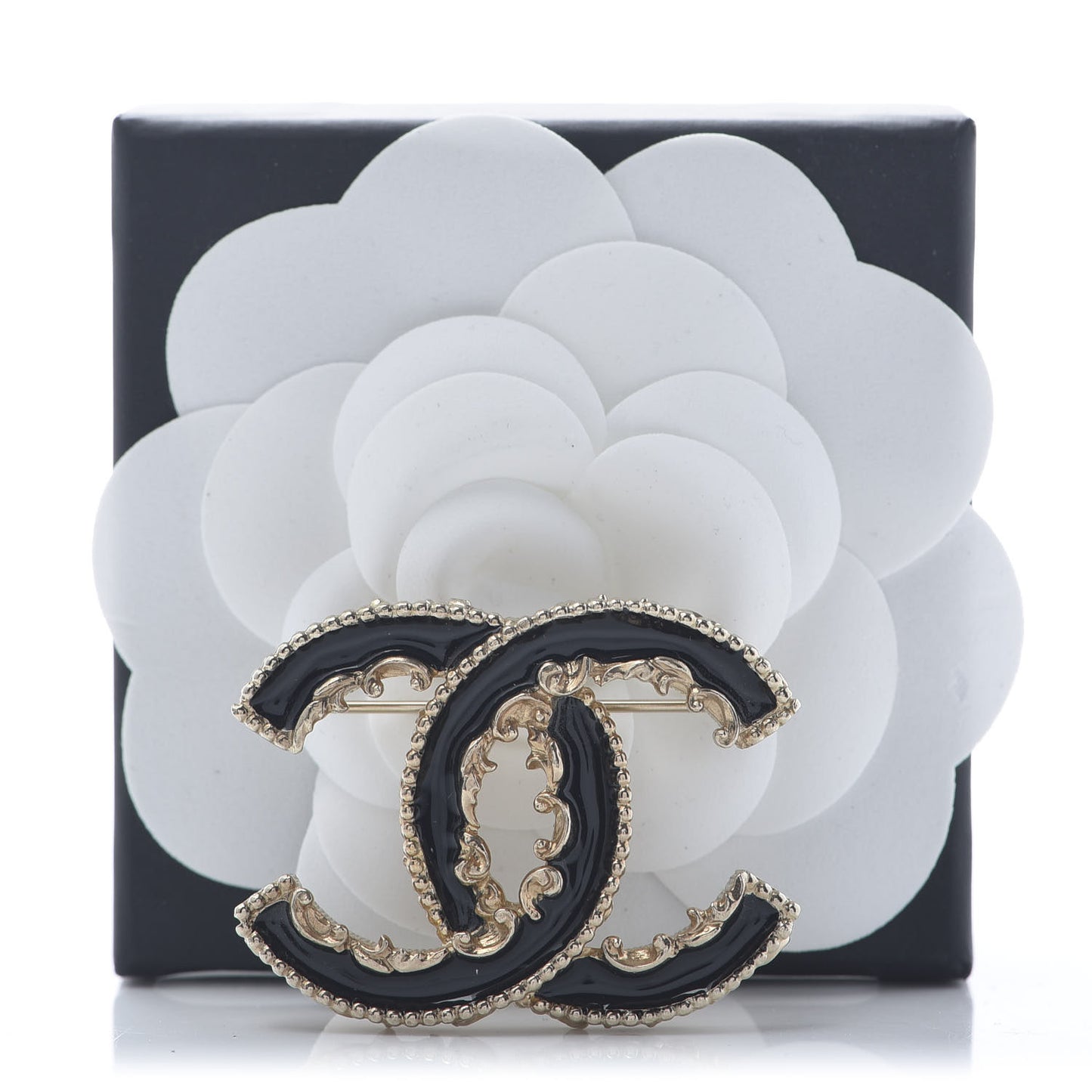 Enamel CC Baroque Brooch Black Gold