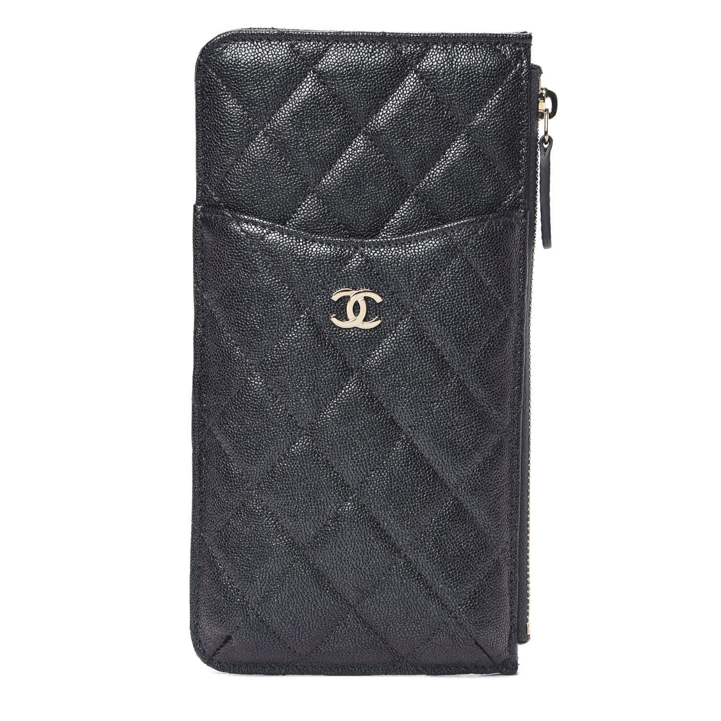 Iridescent Caviar Quilted Classic Flat Wallet Pouch Black