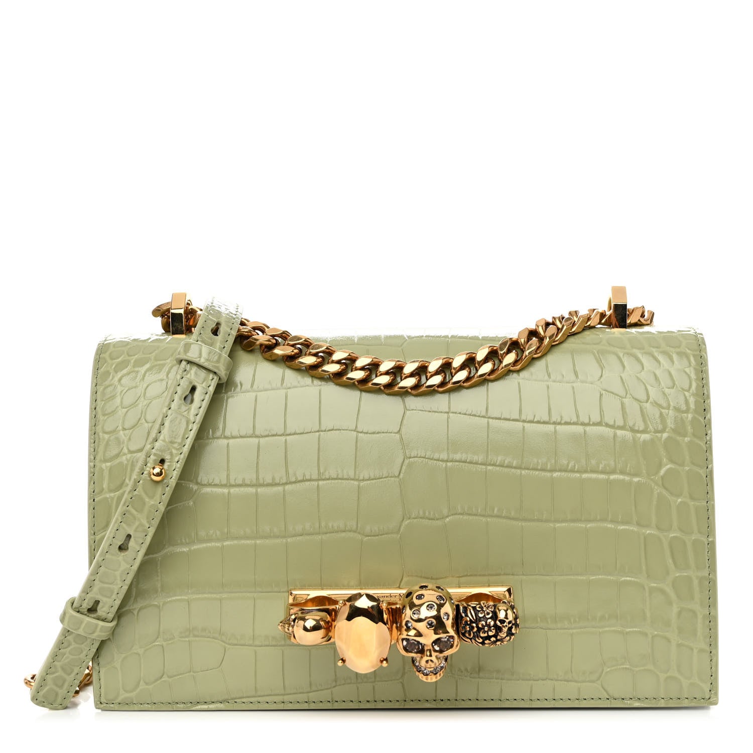 Alexander McQueen Shiny Crocodile Embossed Jeweled Satchel Sage 1 of 10