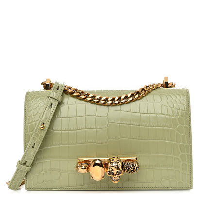Alexander McQueen Shiny Crocodile Embossed Jeweled Satchel Sage 1 of 10