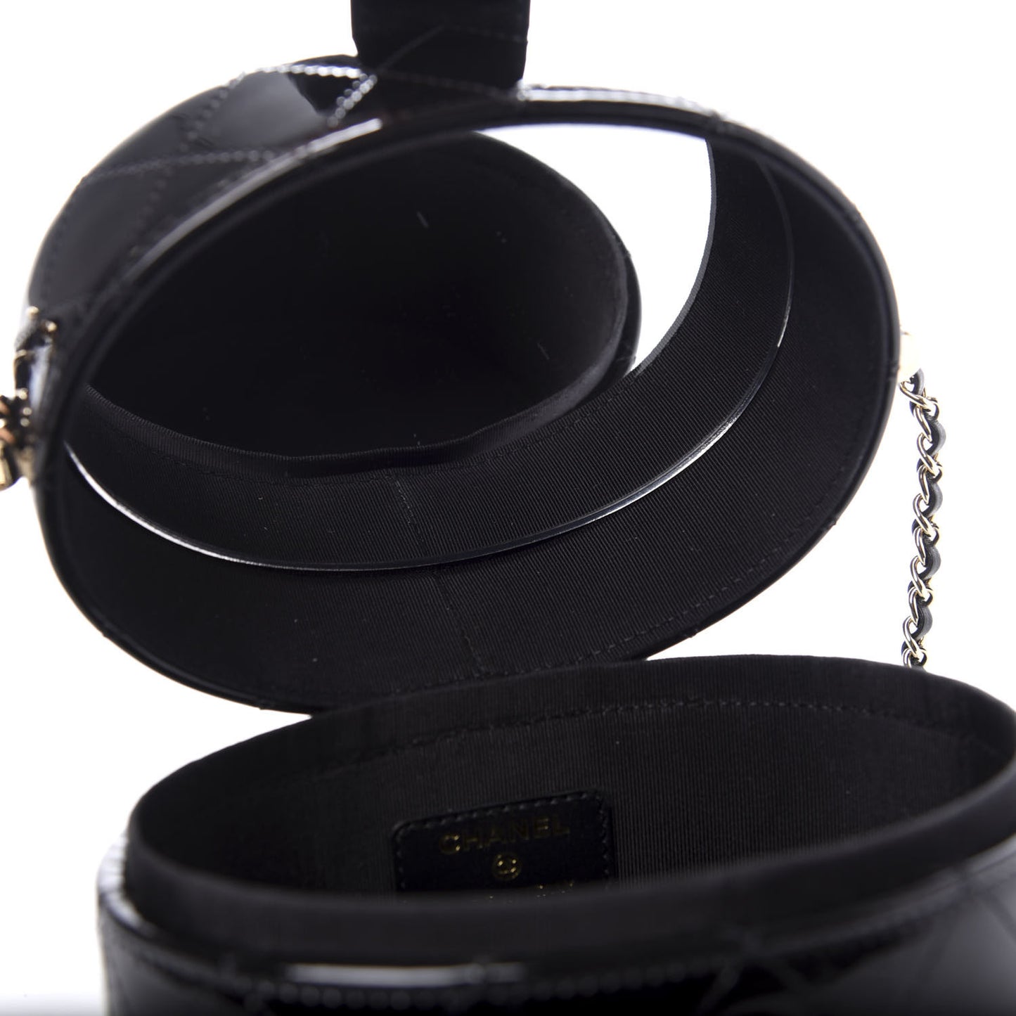 Patent Quilted Round Clutch With Chain Black