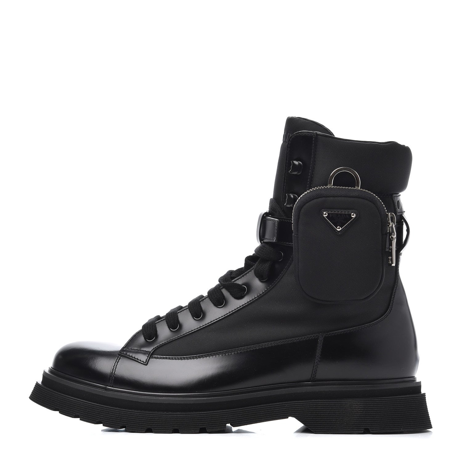 Prada Spazzolato Roi Technical Nylon Metal Triangle Logo Mens Pouch Pocket Combat Boots 9.5 Black 1 of 16