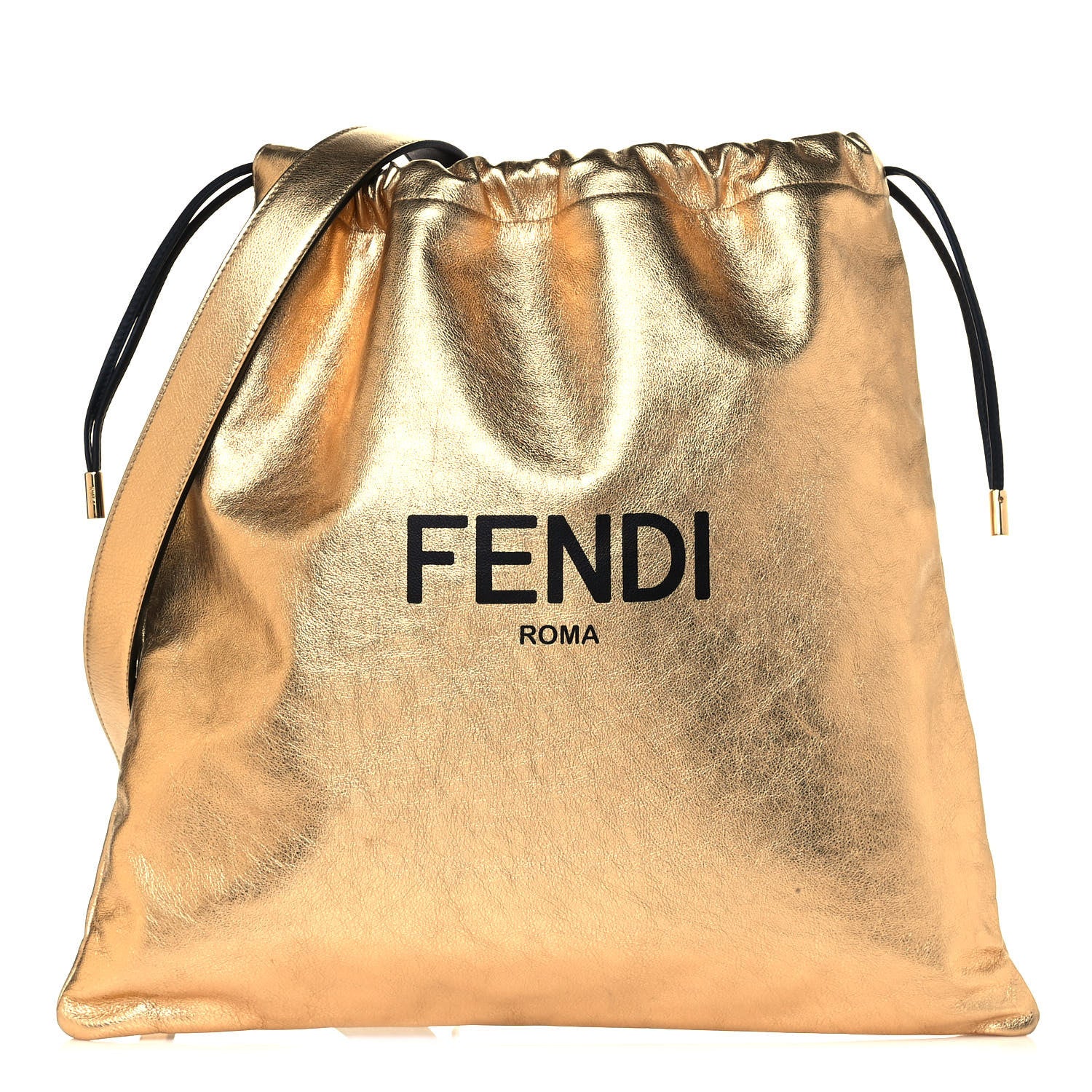 Fendi Laminated Calfskin Medium Drawstring Pouch Bag Oro Black 1 of 14